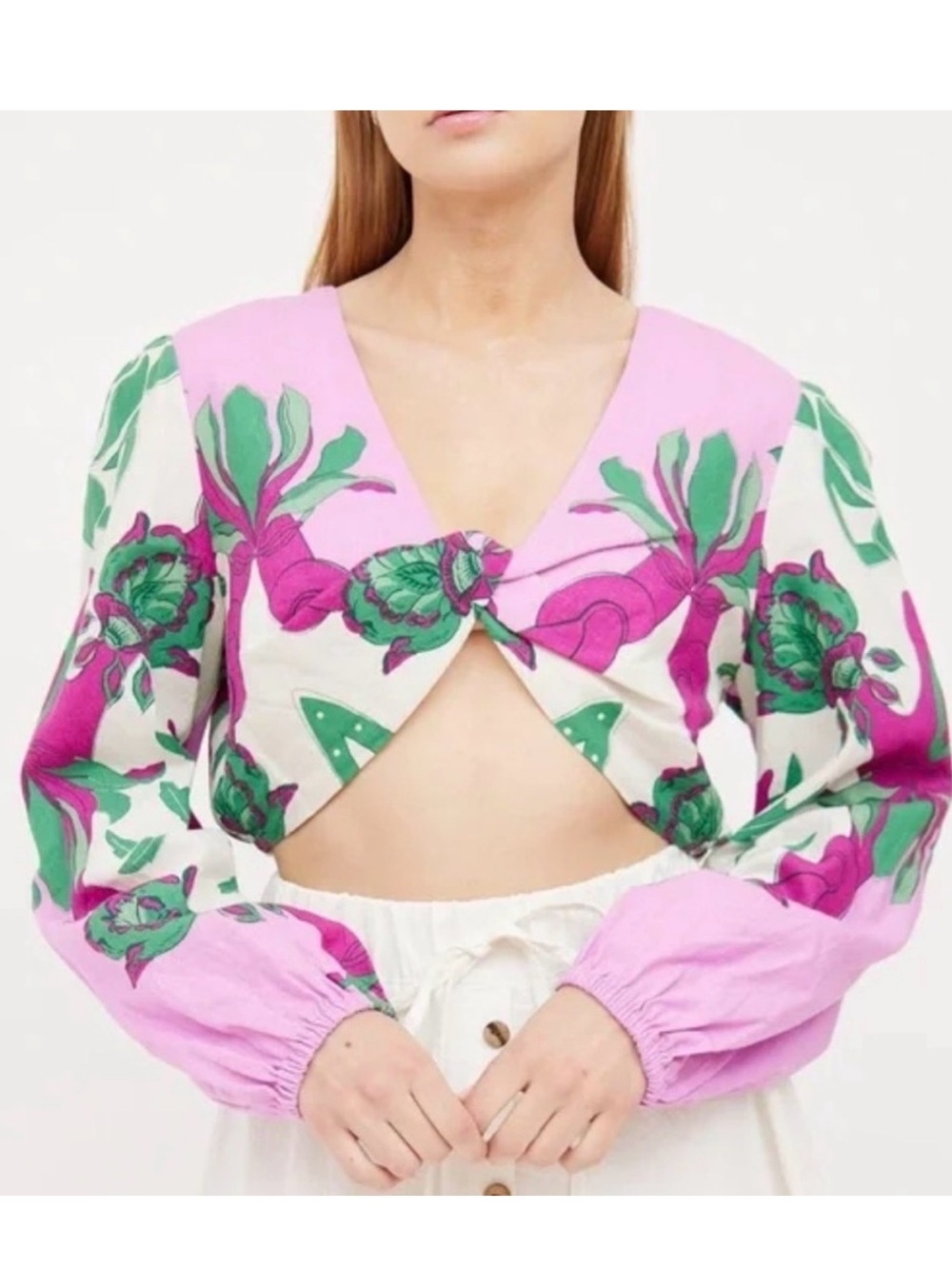 Caroline Constas Pink Green Floral Twist-Front Crop Top